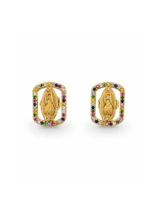 Aretes rectangulares virgen de Guadalupe con zirconias chapa de oro