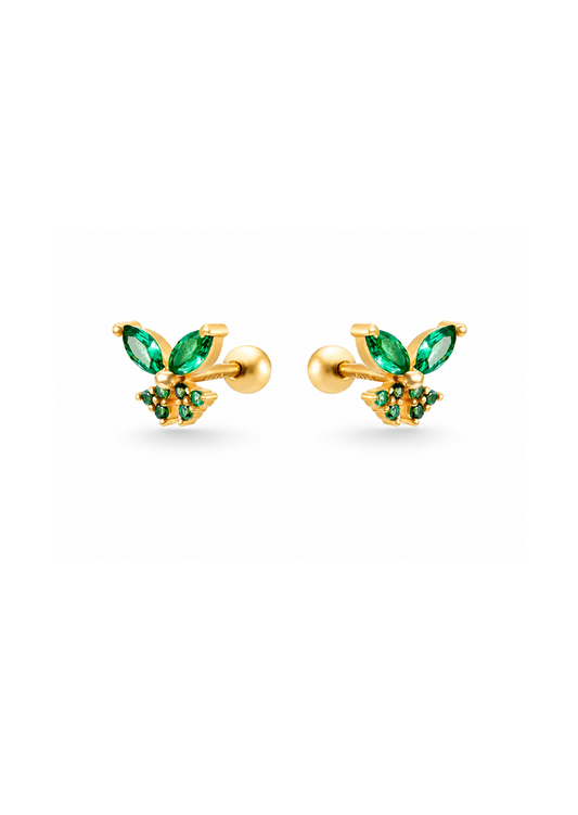 Aretes stud mariposa verde con zirconias chapa de oro