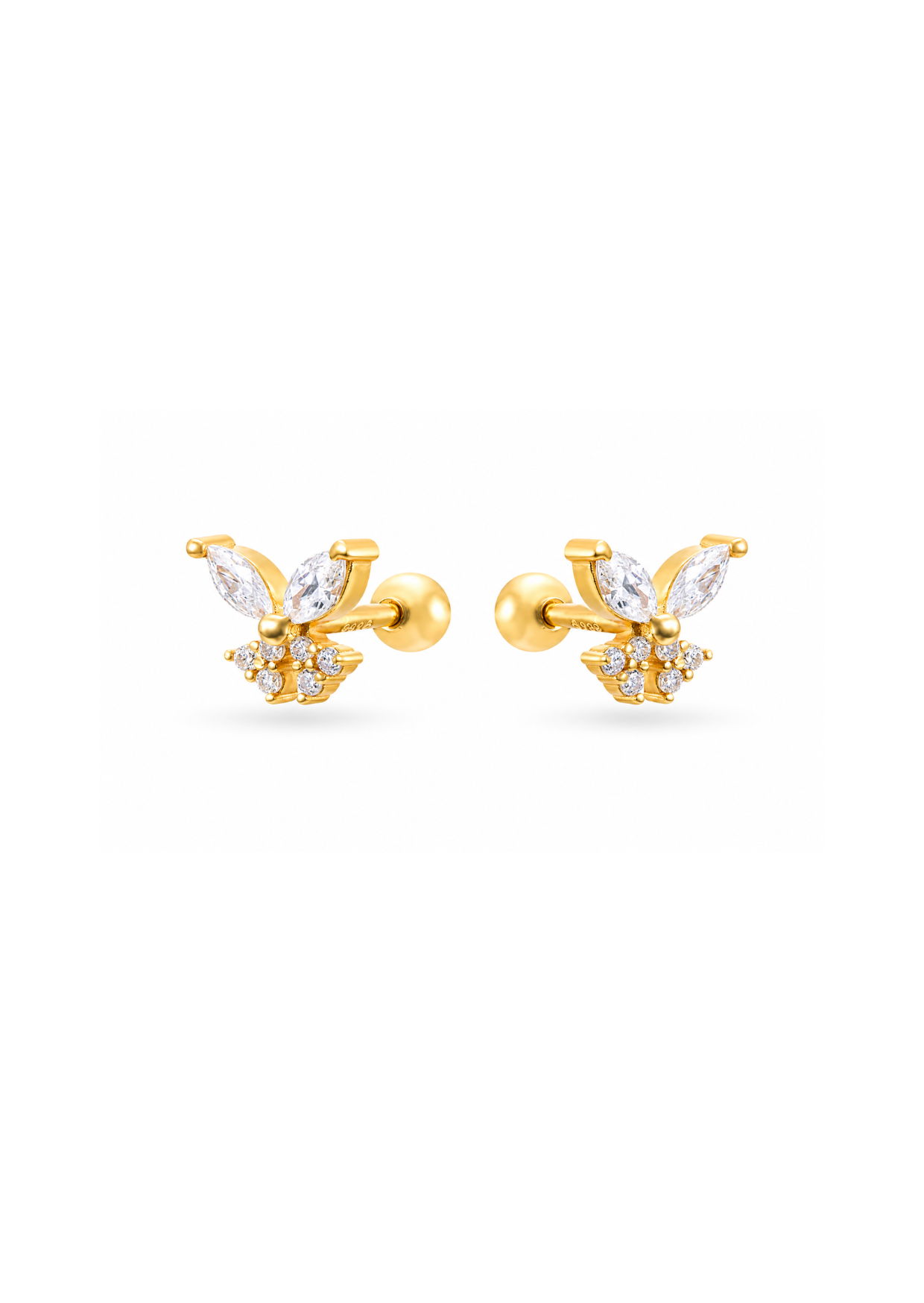 Aretes stud mariposa blanco con zirconias chapa de oro