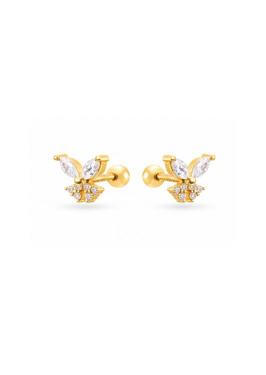 Aretes stud mariposa blanco con zirconias chapa de oro