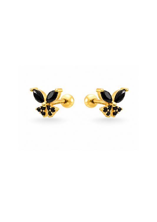 Aretes stud mariposa negro con zirconias chapa de oro