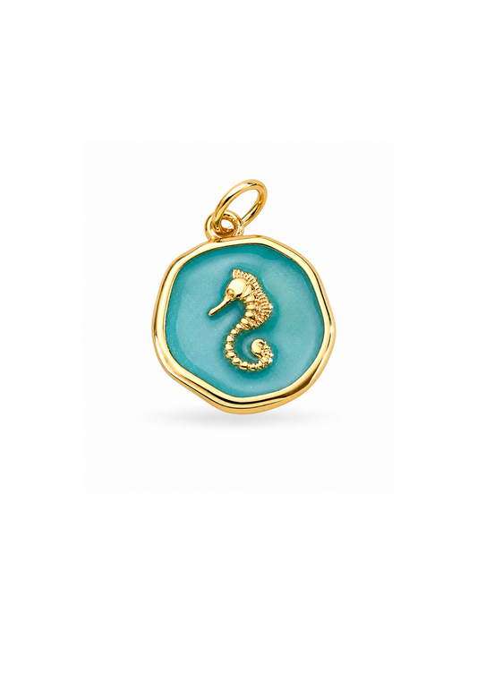 Dije caballito de mar esmaltado aqua chapa de oro