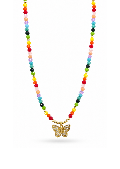 Collar cristales de colores y dije de mariposa