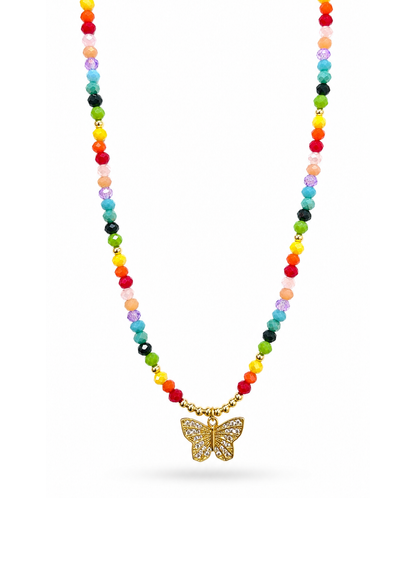 Collar cristales de colores y dije de mariposa