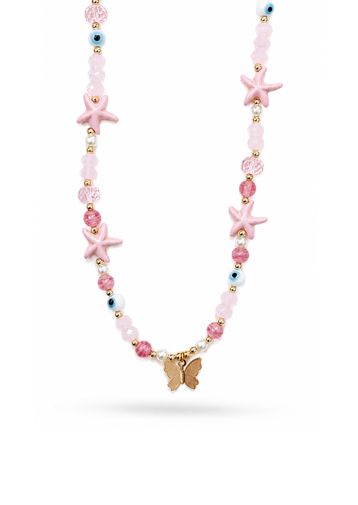 Collar tonos rosas con dije mariposa