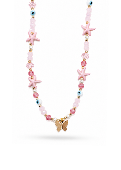 Collar tonos rosas con dije mariposa