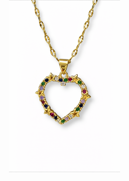 Collar con colgante de corazón con estrellas acero inoxidable