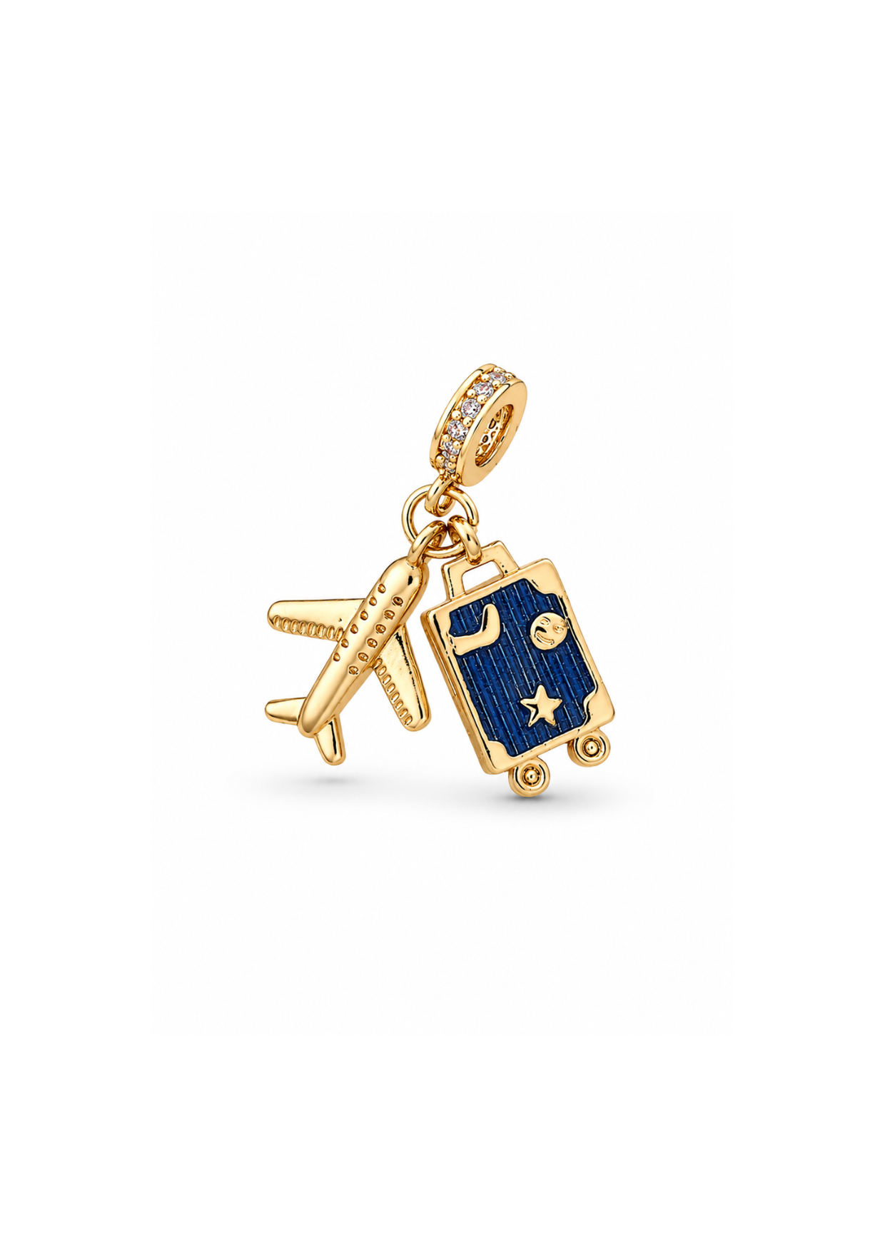Charm avión con maleta azul chapa de oro