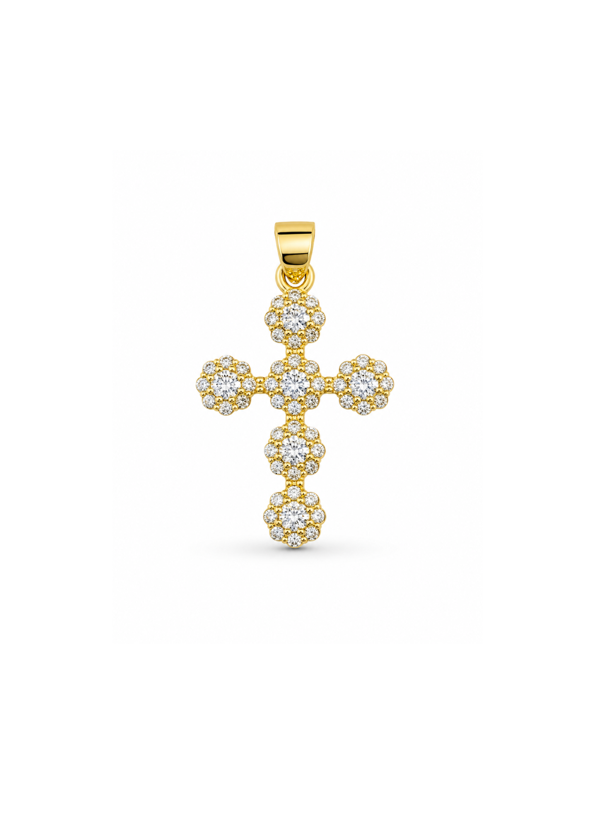 Dije cruz floral brillante chapa de oro