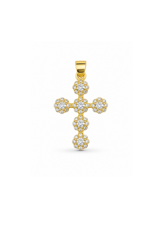 Dije cruz floral brillante chapa de oro