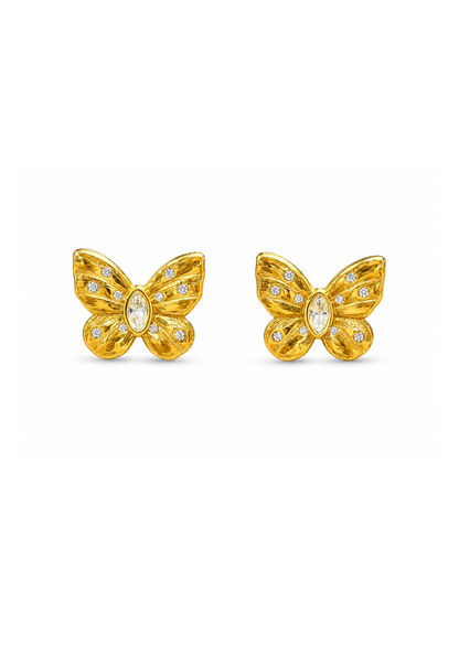 Aretes mariposa dorada con cristales acero inoxidable