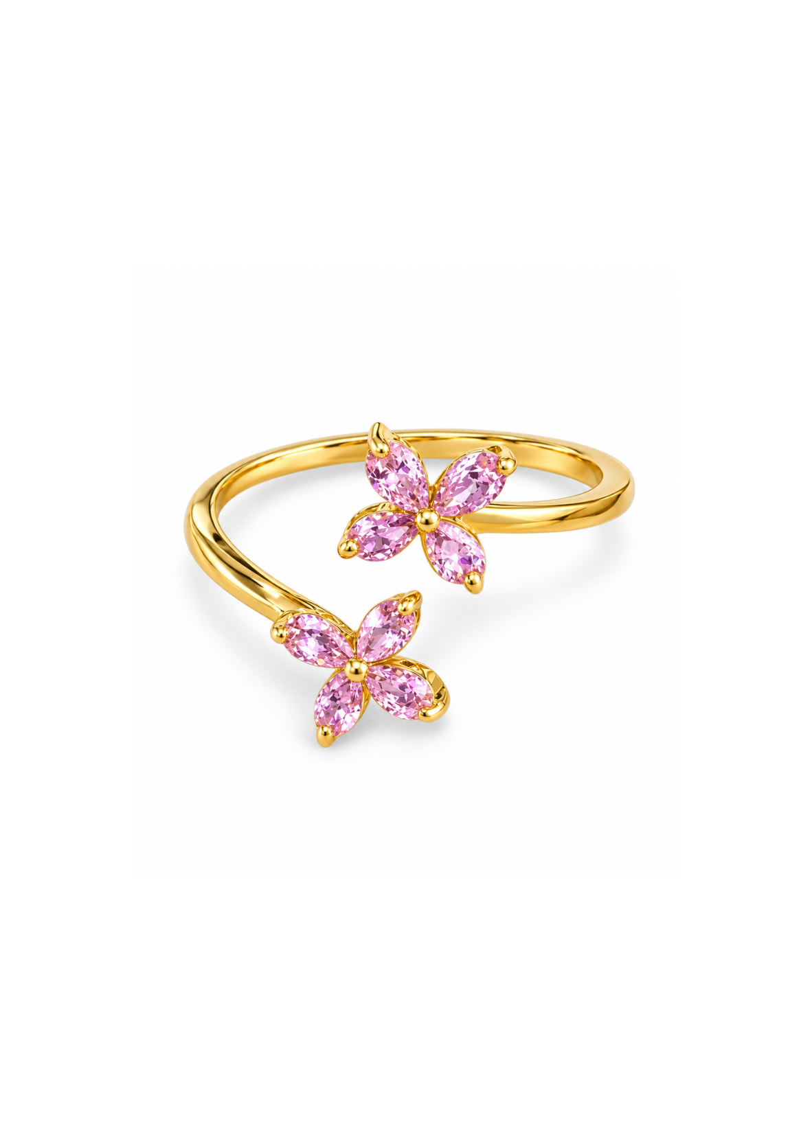 Anillo 2 flores rosas chapa de oro