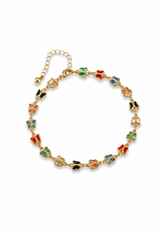 Pulsera mariposa cristales de colores chapa de oro