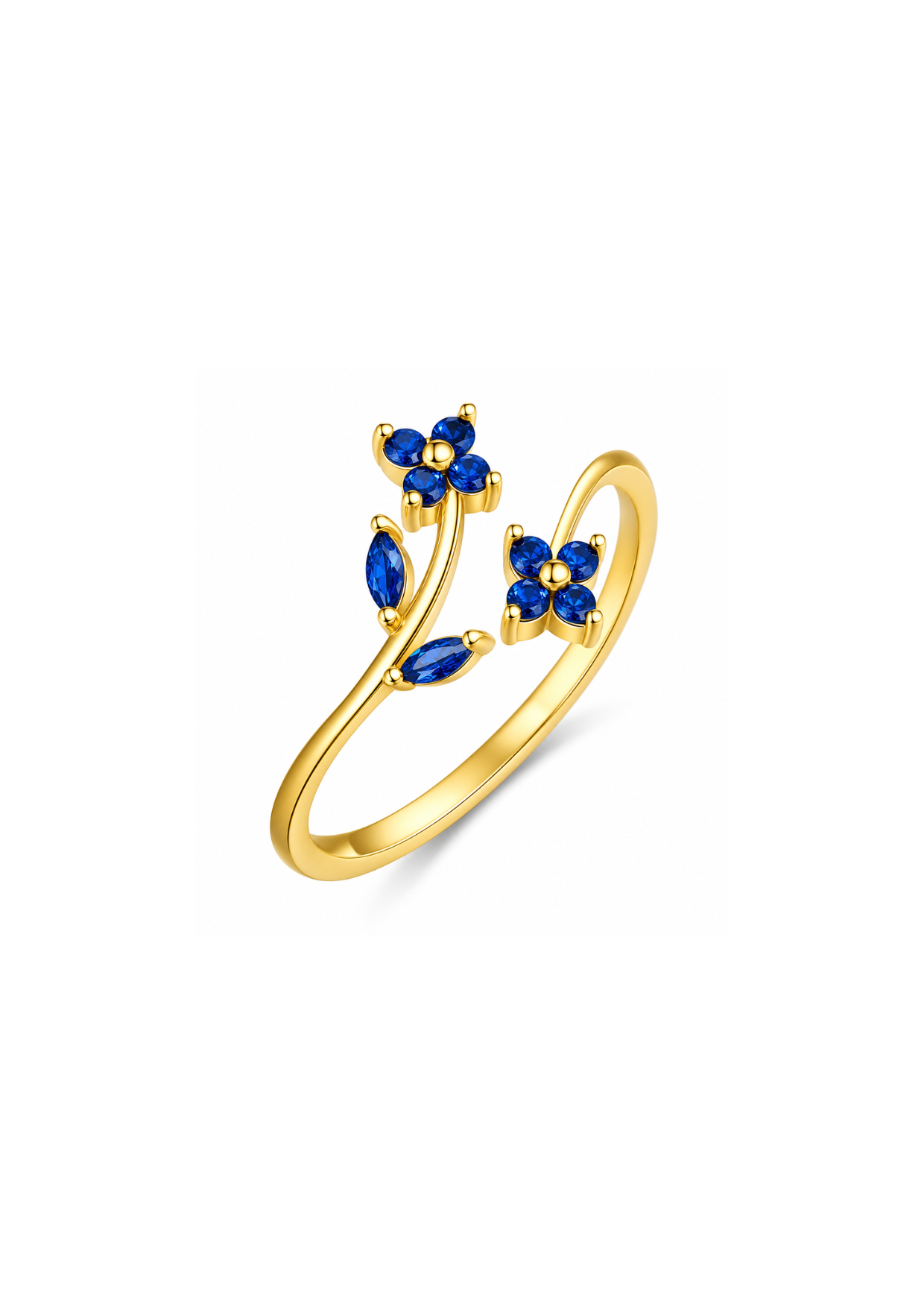 Anillo abierto con flores azules dorado plata de ley 925