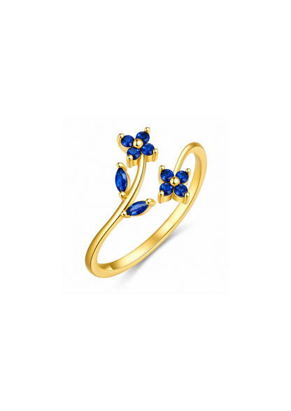 Anillo abierto con flores azules dorado plata de ley 925