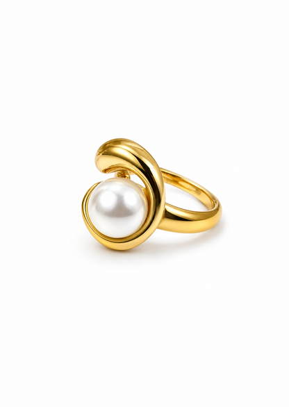 Anillo con perla abrazo dorado acero inoxidable