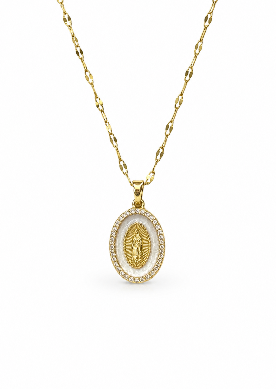 Collar virgen Guadalupe fondo nácar con zirconias acero inoxidable