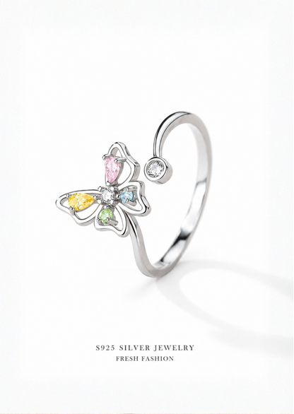 Anillo mariposa con cristales plateado plata de ley 925