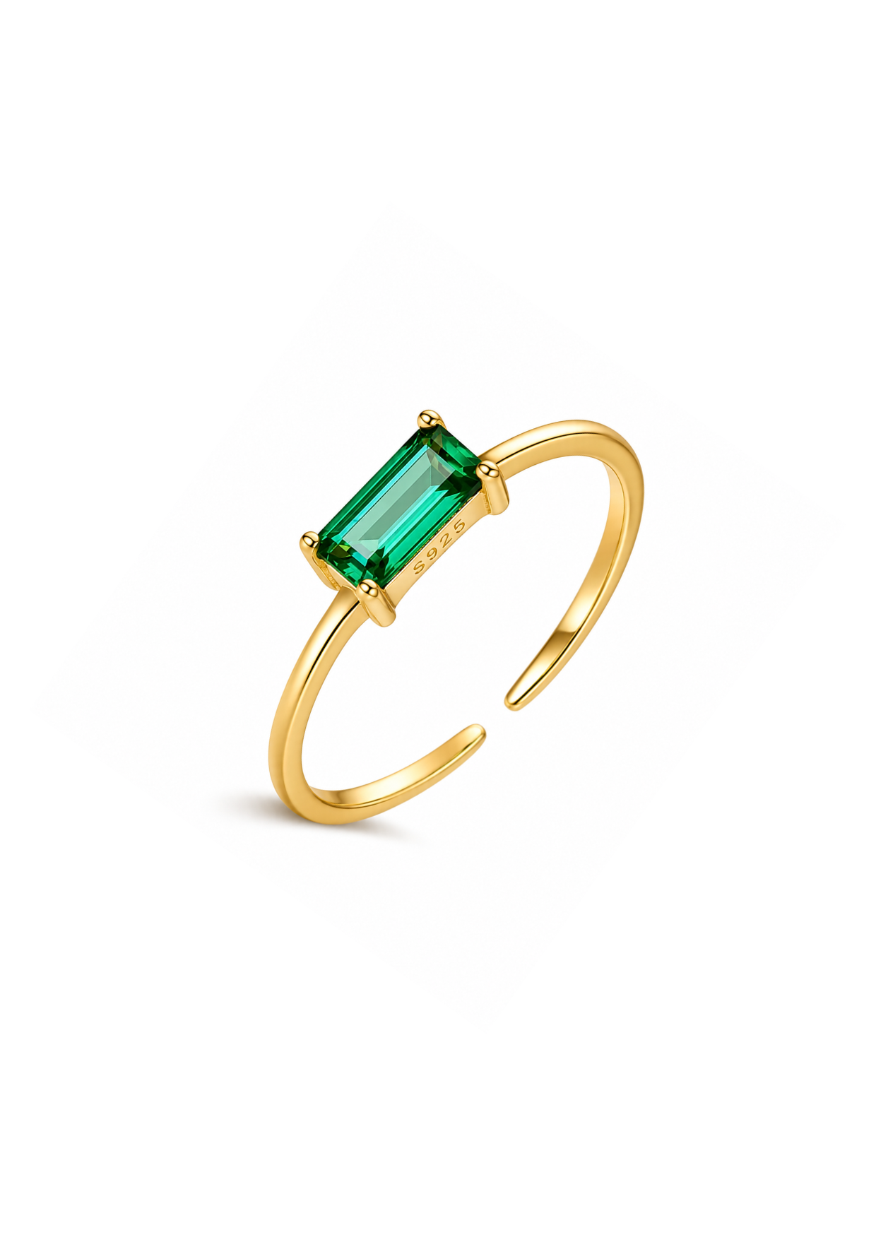Anillo abierto con zirconia rectangular verde dorado plata de ley 925