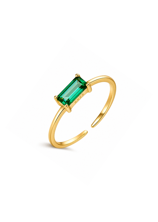 Anillo abierto con zirconia rectangular verde dorado plata de ley 925