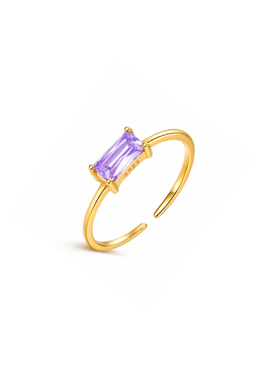 Anillo abierto con zirconia rectangular lila dorado plata de ley 925