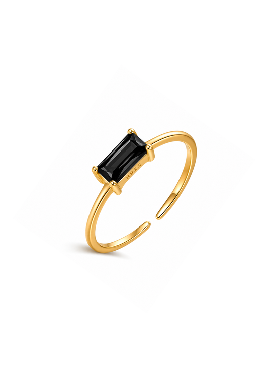 Anillo abierto con zirconia rectangular negro dorado plata de ley 925