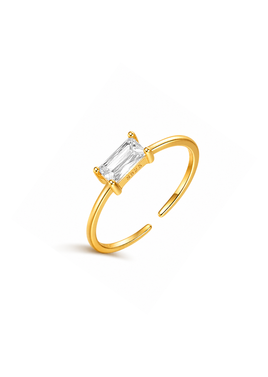 Anillo abierto con zirconia rectangular blanco dorado plata de ley 925