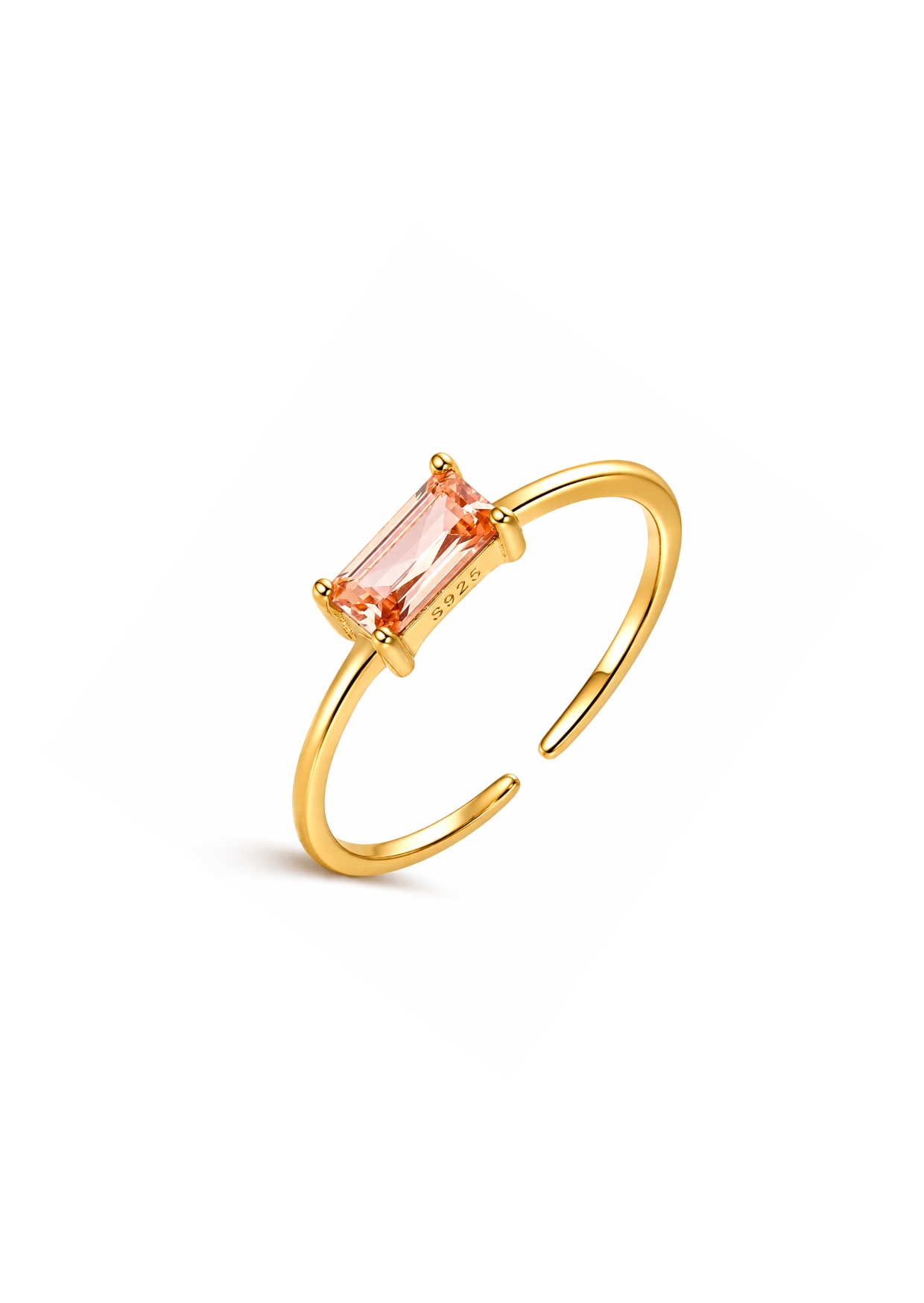 Anillo abierto con zirconia rectangular champán dorado plata de ley 925