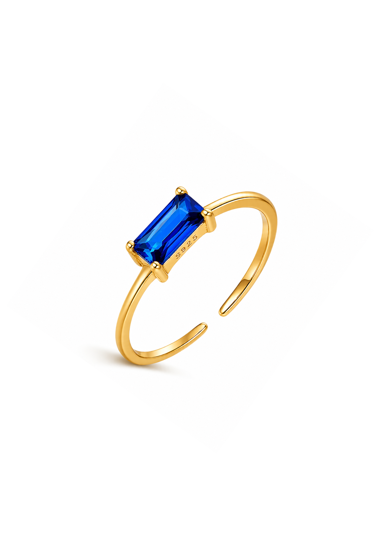 Anillo abierto con zirconia rectangular azul dorado plata de ley 925