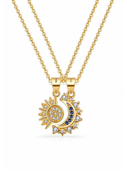 Juego de dijes sol y luna con zirconias dorado plata de ley 925