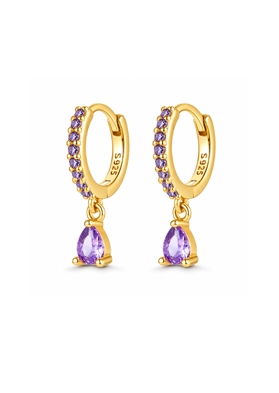 Aretes huggies con gota morada dorado plata de ley 925