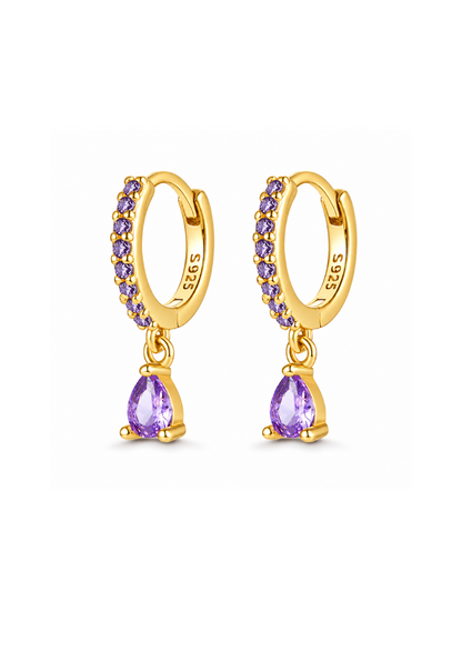 Aretes huggies con gota morada dorado plata de ley 925