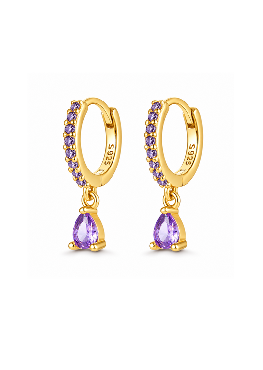 Aretes huggies con gota morada dorado plata de ley 925