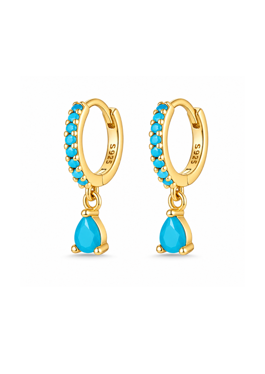 Aretes huggies con gota azul dorado plata de ley 925