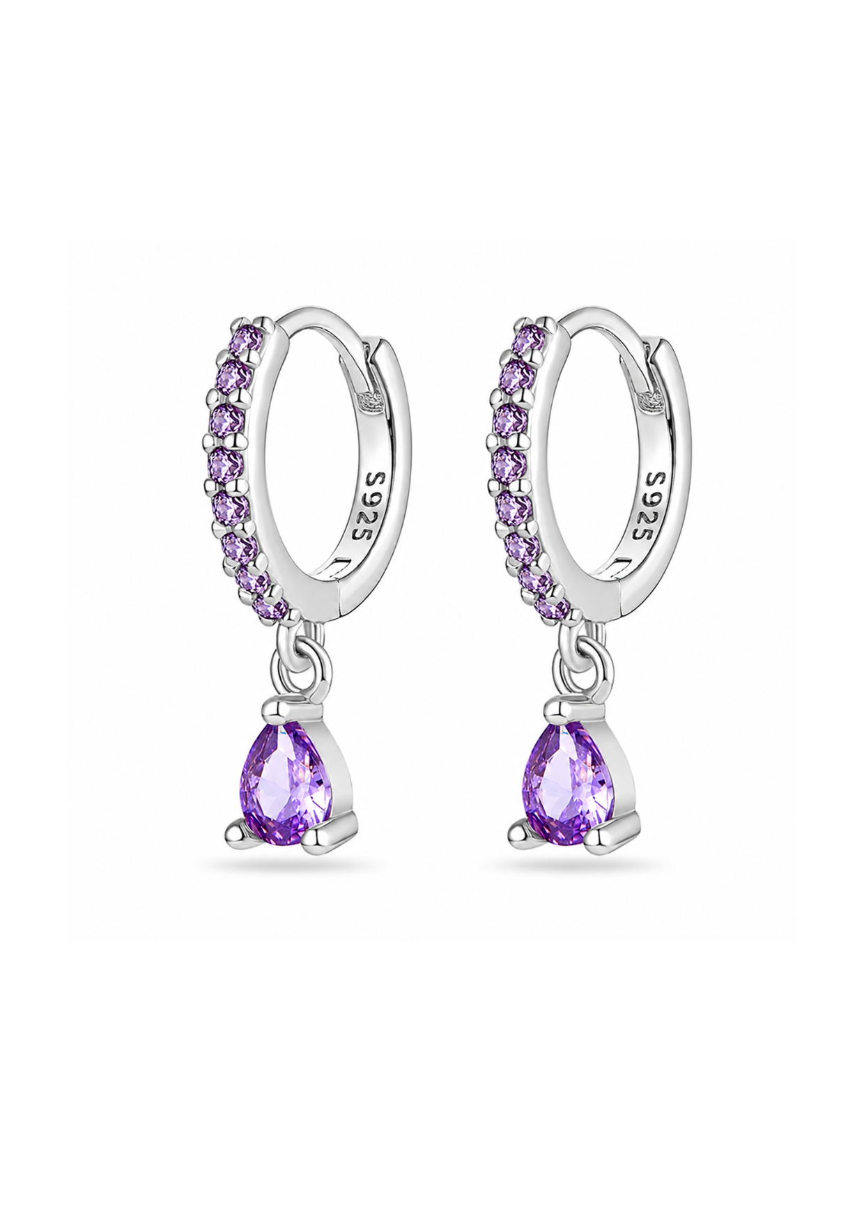 Aretes huggies con gota morada plateado plata de ley 925