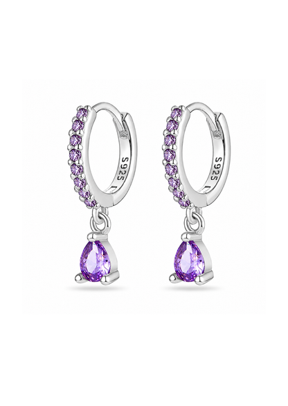 Aretes huggies con gota morada plateado plata de ley 925