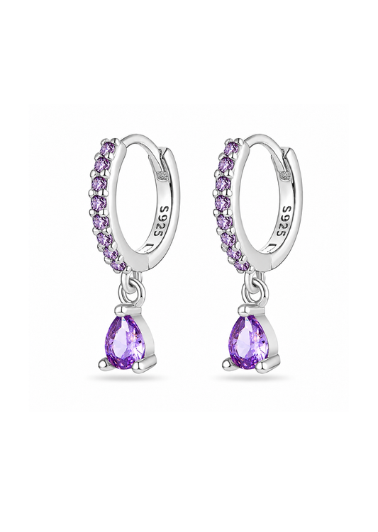 Aretes huggies con gota morada plateado plata de ley 925