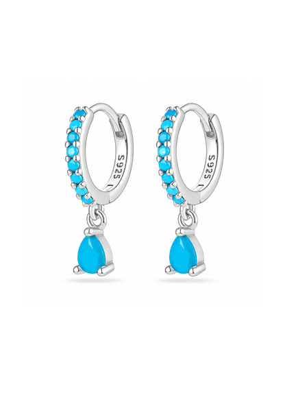 Aretes huggies con gota azul plateado plata de ley 925