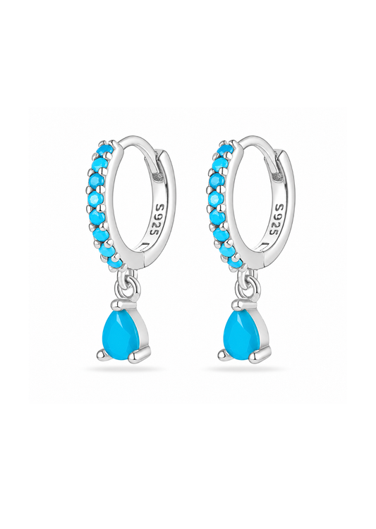 Aretes huggies con gota azul plateado plata de ley 925