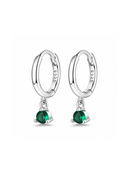Aretes huggies con zirconia esmeralda plateado plata de ley 925