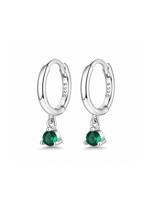 Aretes huggies con zirconia esmeralda plateado plata de ley 925