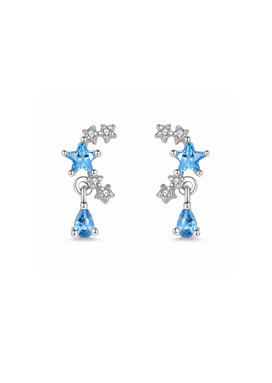 Aretes estrellas con zirconias y gota azul plata s999