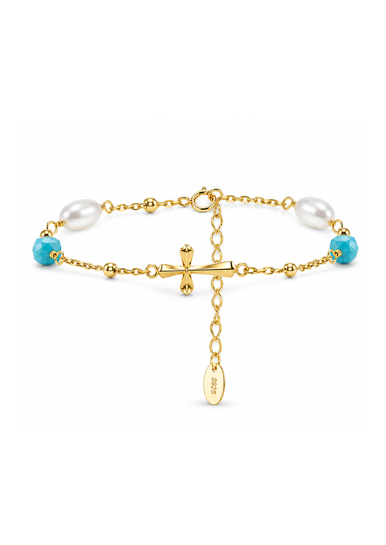 Pulsera con cruz perlas y cuentas azules plata de ley 925