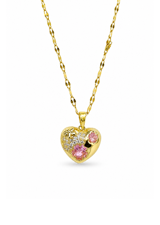 Collar corazón floral con zirconias acero inoxidable