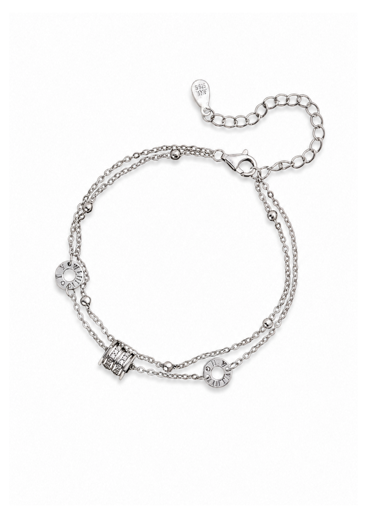 Pulsera doble cadena con barril y números romanos plata S999