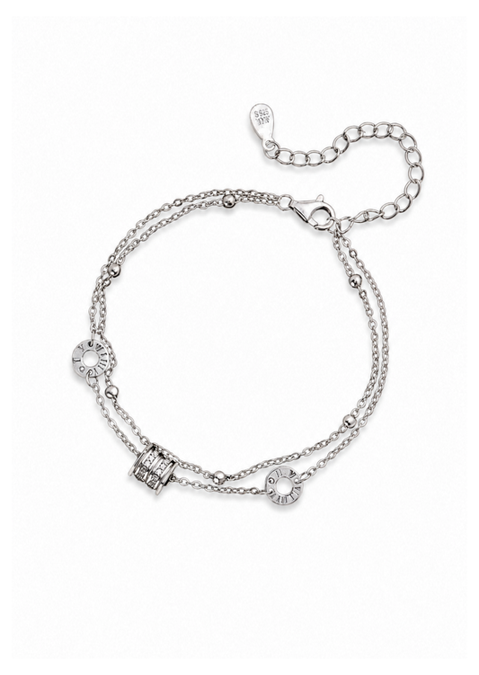 Pulsera doble cadena con barril y números romanos plata S999