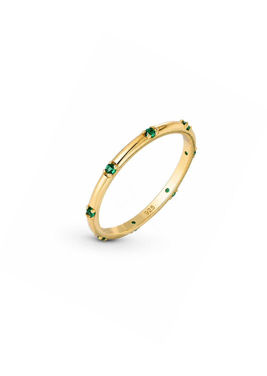 Anillo fino con circonias verde plata de ley 925 chapado en oro 14k