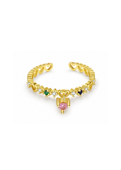 Anillo abierto de corazones con dije rosa plata de ley 925
