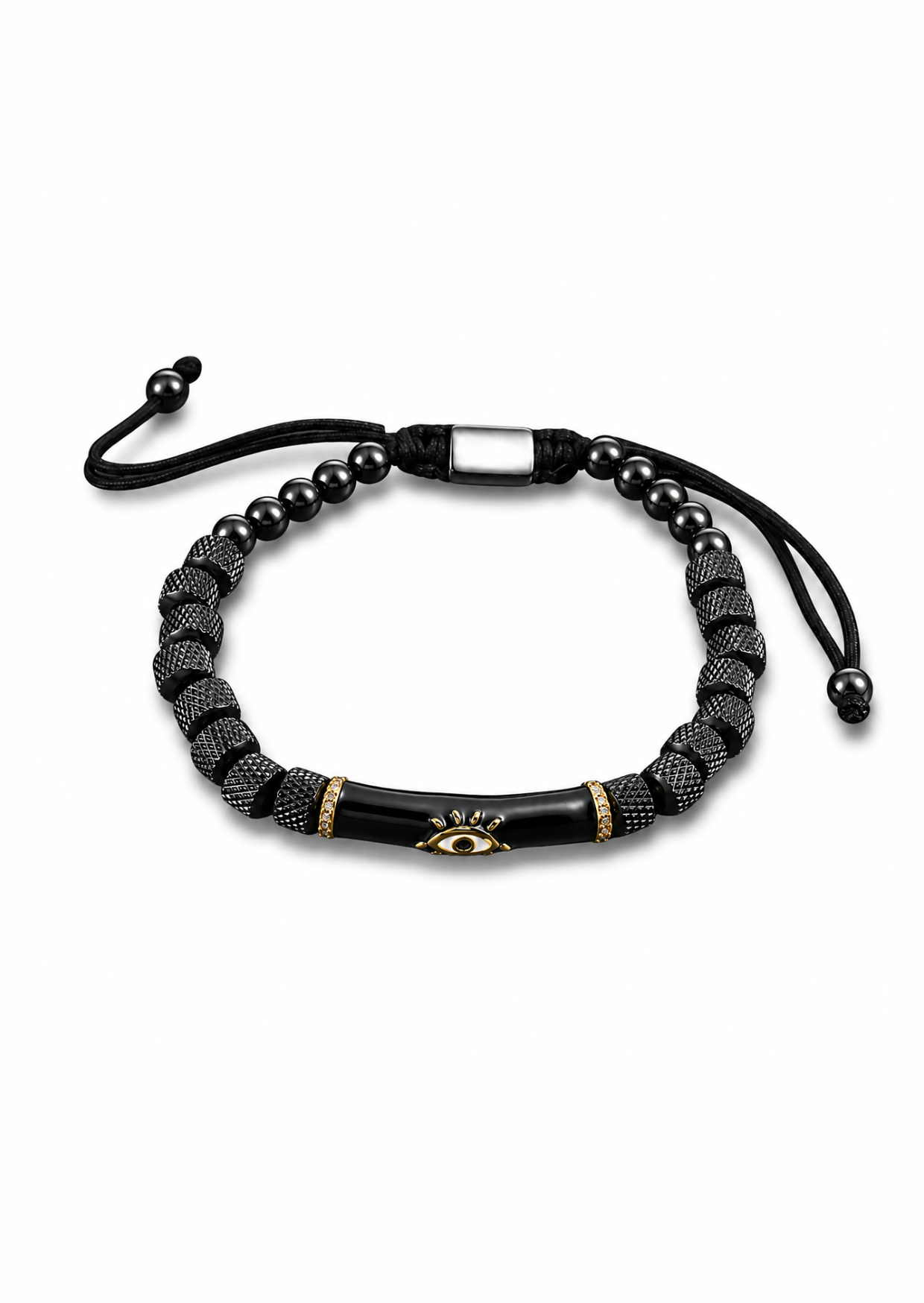 Pulsera de cuentas negras con ojo protector acero inoxidable