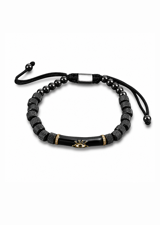 Pulsera de cuentas negras con ojo protector acero inoxidable